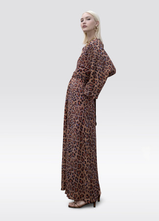 Long Dress Wide Sleeve Adjustable Belt Animal Print