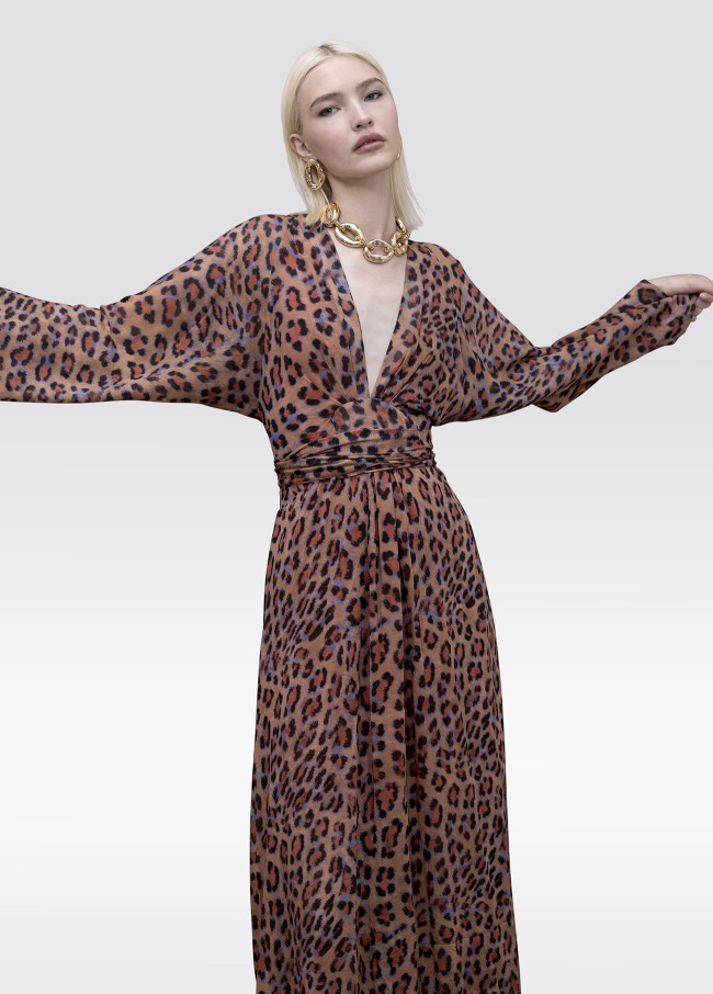 Long Dress Wide Sleeve Adjustable Belt Animal...