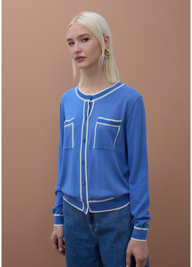 Cardigan con Tasche a Contrasto a Costine