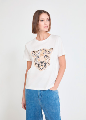 T-shirt con faccia di leopardo con perline