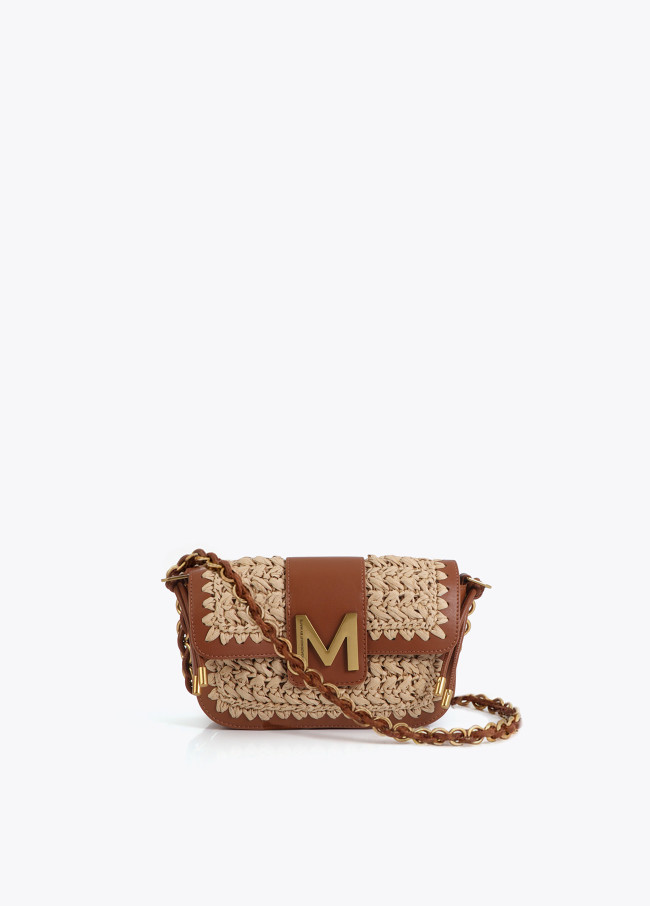 Contrast raffia and faux leather crossbody bag