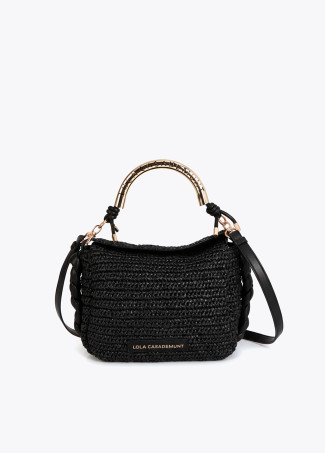 Borsa a Tracolla Effetto Paglia con Manico Intagliato e Logo