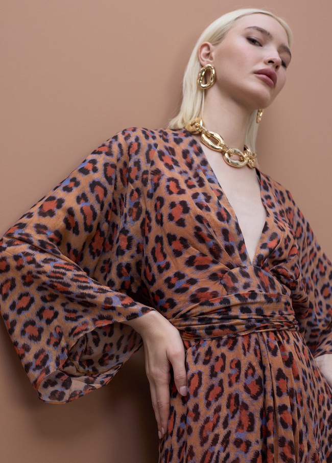 Long Dress Wide Sleeve Adjustable Belt Animal...