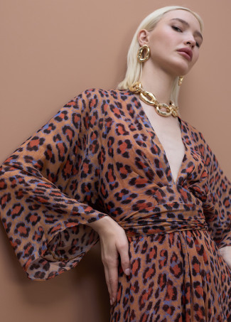 Robe longue manches larges ceinture ajustable imprimé animal