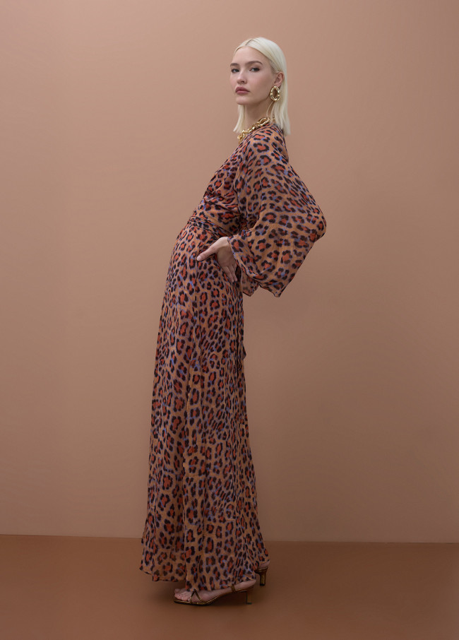 Long Dress Wide Sleeve Adjustable Belt Animal...