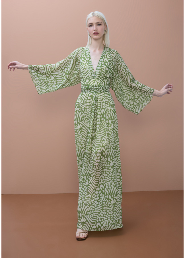 Wide sleeve long printed dress with adjustable...