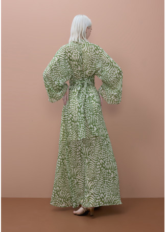 Wide sleeve long printed dress with adjustable belt