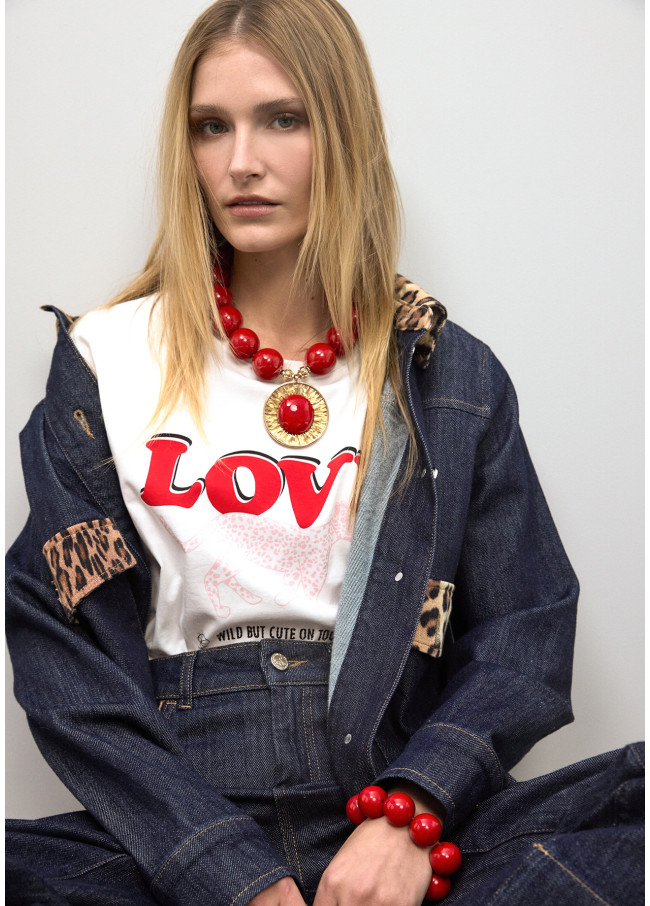 Short Denim Jacket with Leopard Collar and Flap...