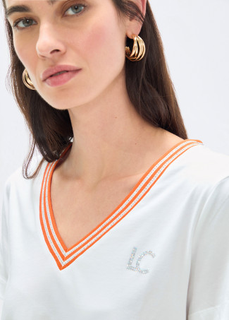 T-shirt con Scollo a V e Nastro
