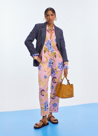 Jogger in Satin Stampato a Fiori