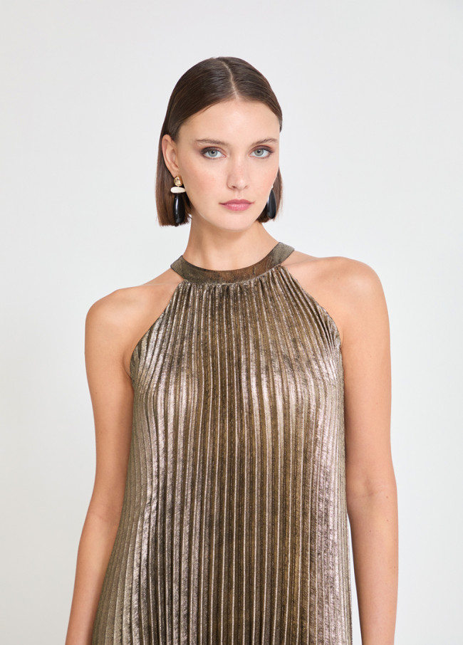 Vestido Halter Plissado Dourado