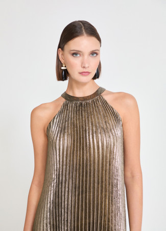Vestido Halter Plissado Dourado