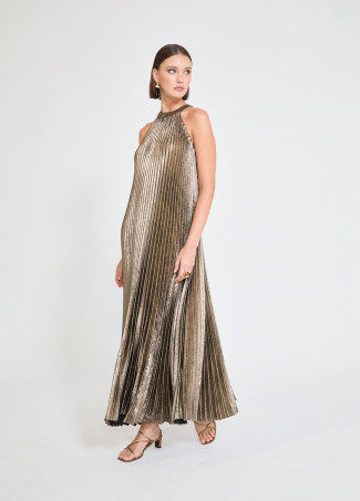 Gold Pleated Halter Dress