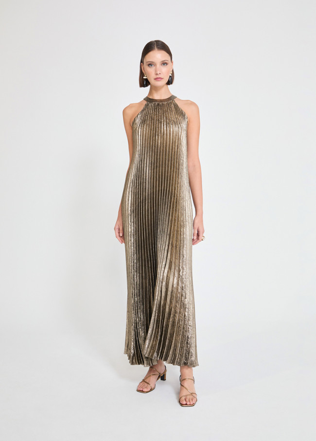 Vestido Halter Plissado Dourado