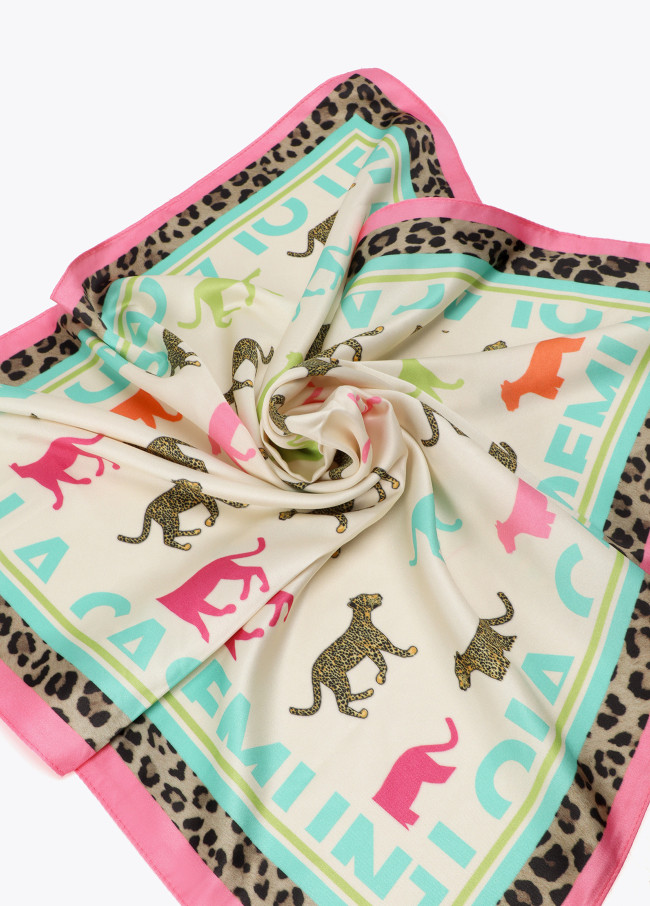 Foulard Satinato con Stampa Tigri Colorate 55*55