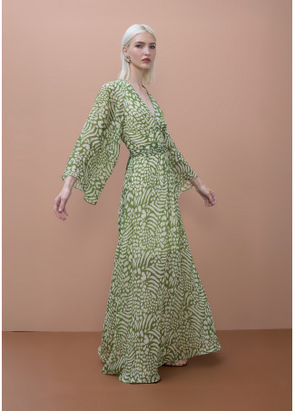 Robe longue manches larges ceinture ajustable imprimé animal