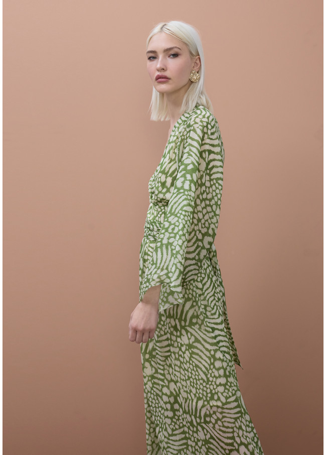 Long Dress Wide Sleeve Adjustable Belt Animal...