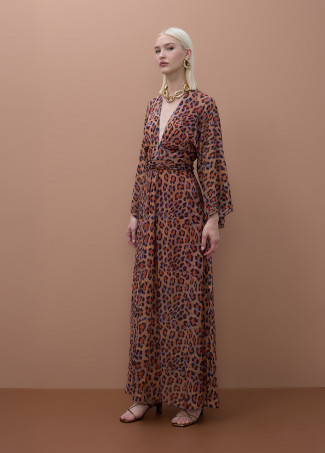 Wide sleeve long printed dress with adjustable belt