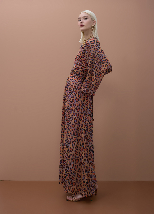 Wide sleeve long printed dress with adjustable...