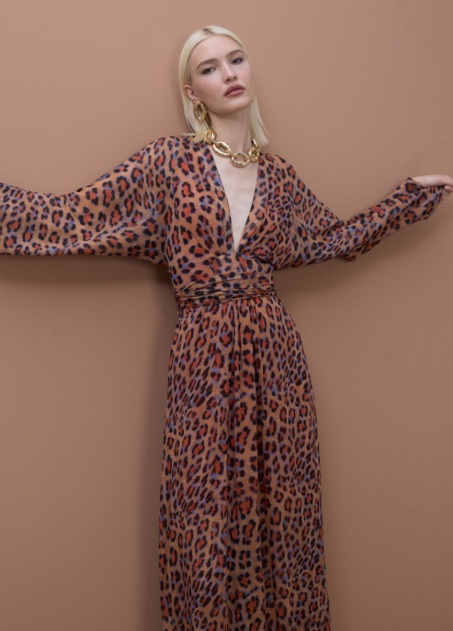 Wide sleeve long printed dress with adjustable...