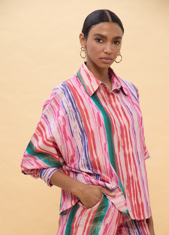 Oversize shimmer shirt with multicoloured stripes