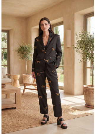 Blazer Reto de Cetim com Estampa de Leopardo