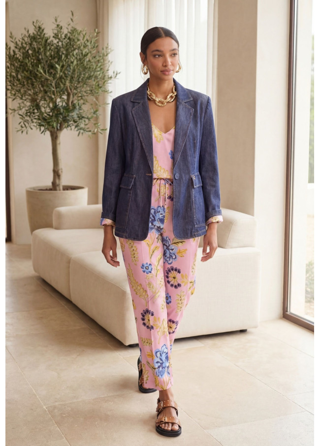 Blazer in Denim Attillato con Tasche a Toppa