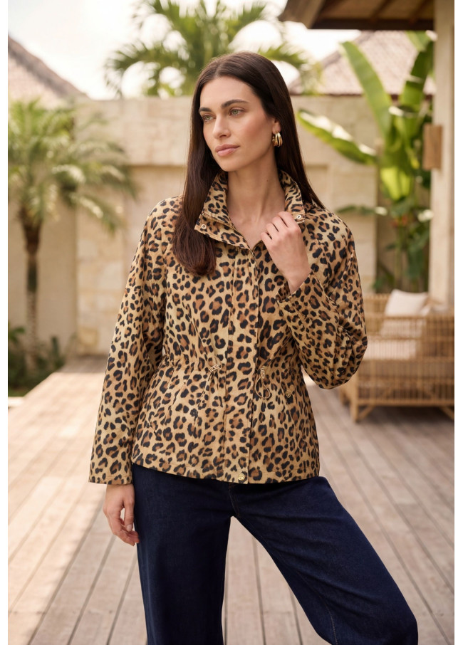 Parka técnica curta com capuz estampado animal