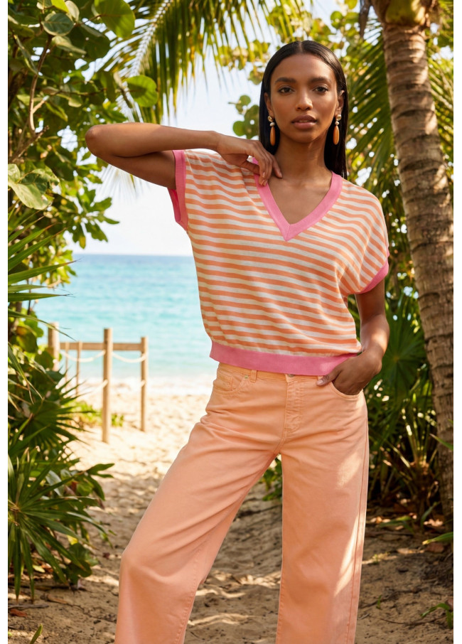 Short Sleeve Bicolor Striped Sweater