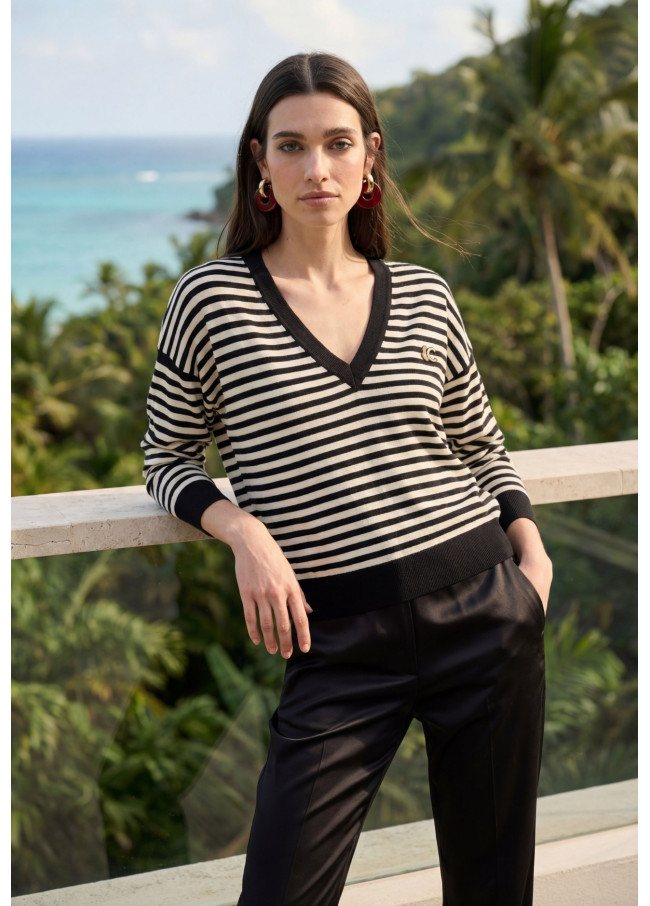 Bicolor Stripe V-Neck Sweater