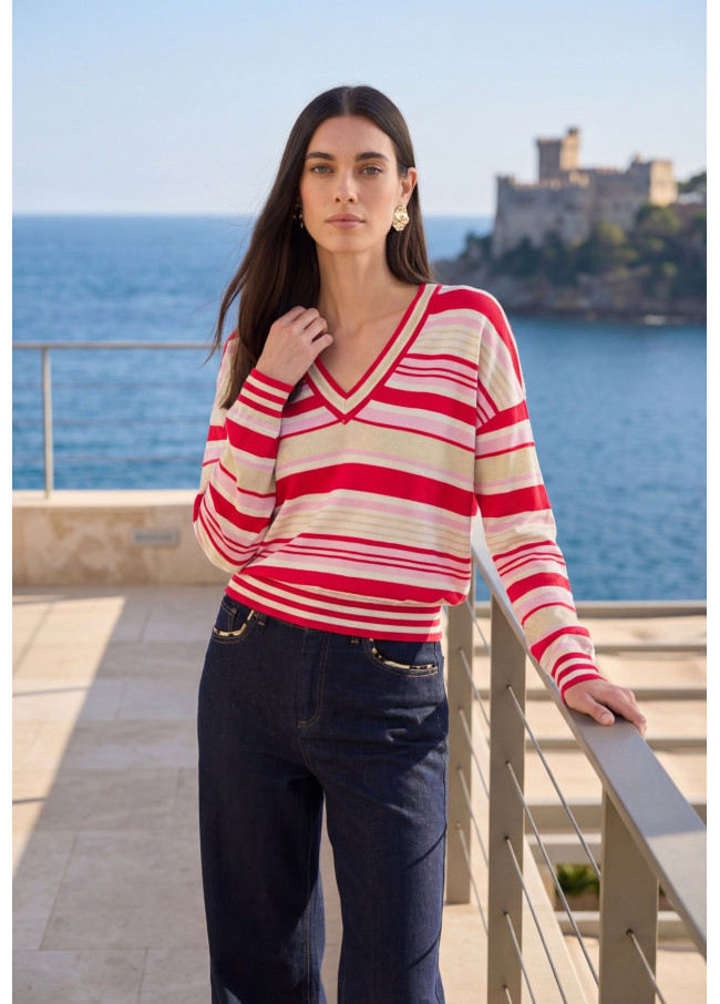 V-neck Tricolor Striped Sweater