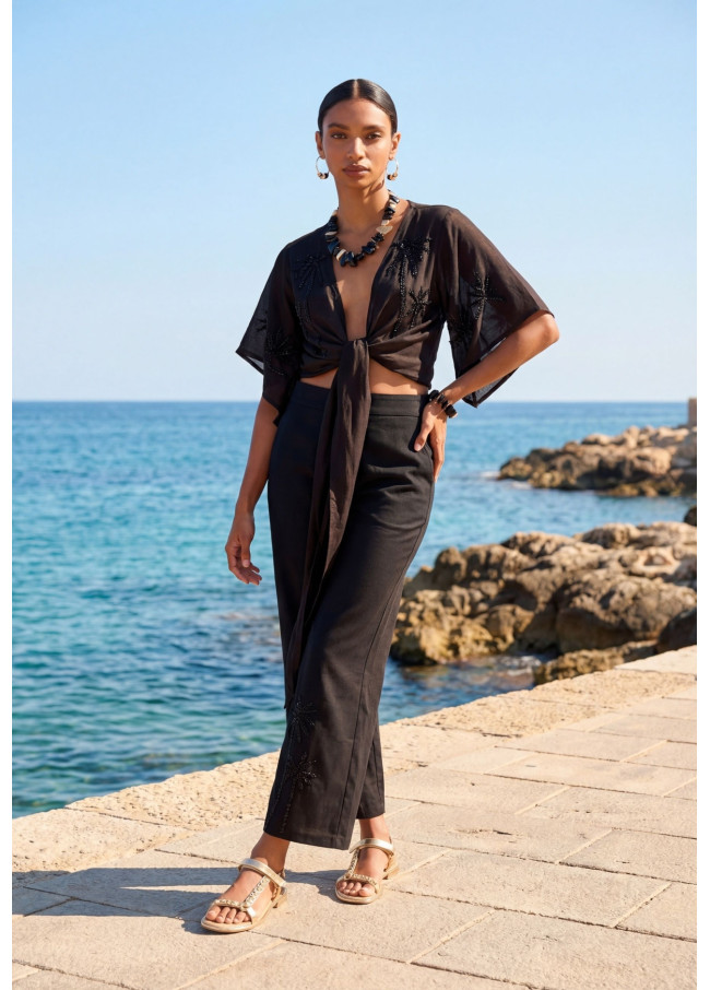 Pantalón negro palmeras bordadas