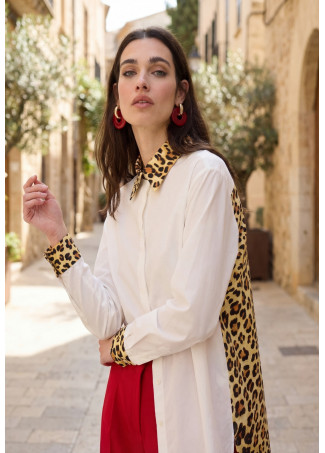 Poplin Tunic with Animal Print Contrast