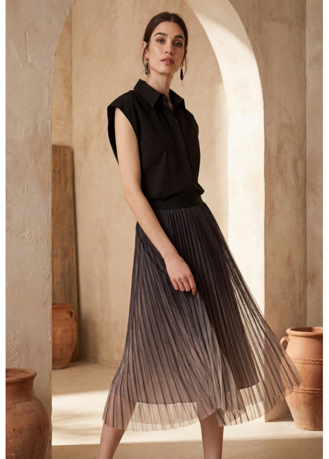 Robe Col Chemise avec Jupe Plissée en Tulle