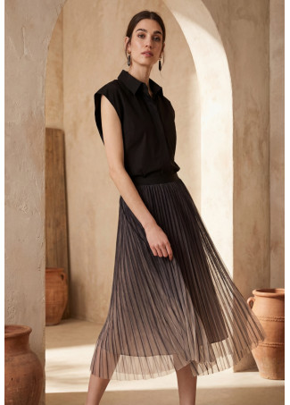 Robe Col Chemise avec Jupe Plissée en Tulle