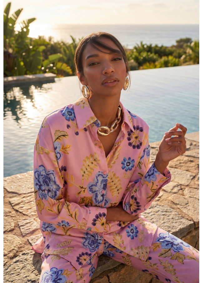 Chemise Oversize Satinée à Imprimé Floral