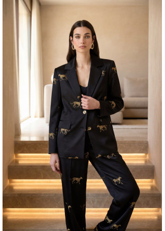 Satin Straight Blazer with Leopard Print