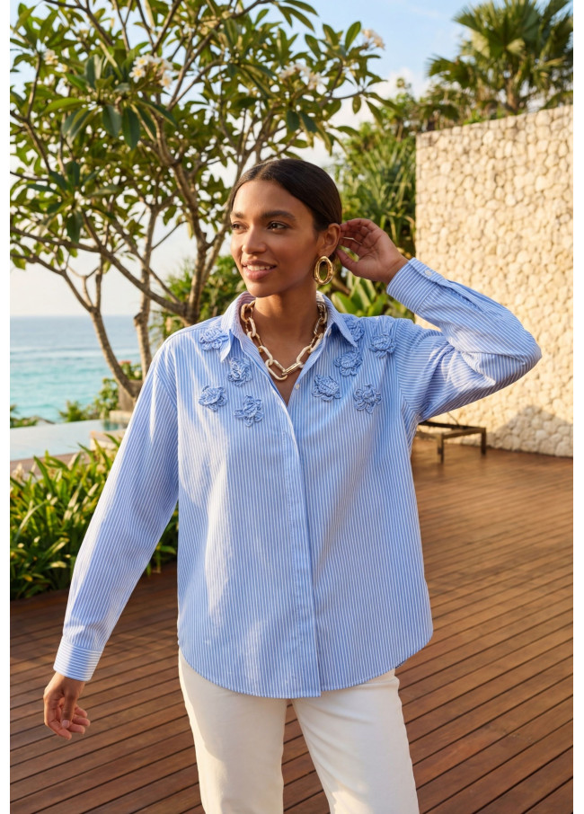 Chemise en Popeline Rayée avec Fleurs sur les...