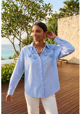 Striped Poplin Shirt with Shoulder Flowers
