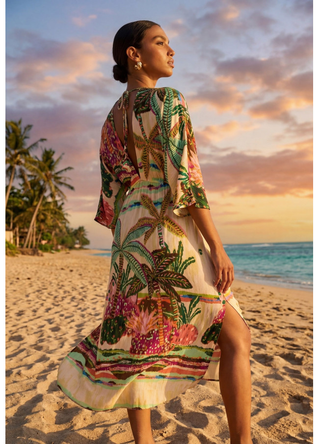 Robe Longue Manches Larges Imprimé Palmier...