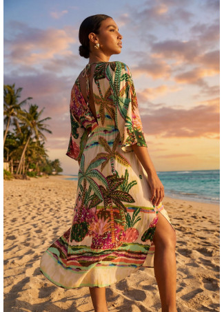 Robe Longue Manches Larges Imprimé Palmier Multicolore