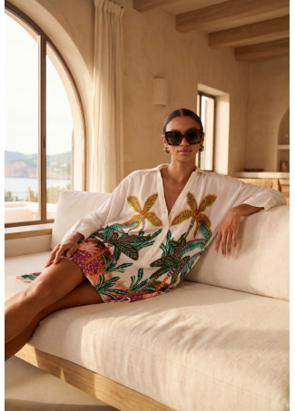 Oversized Shirt with Multicolor Palm Print