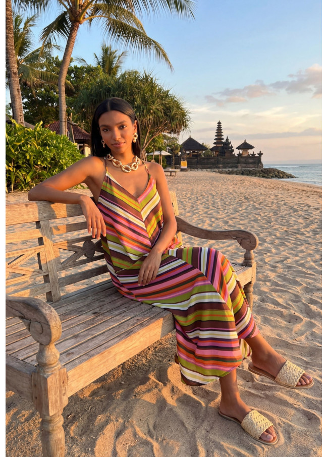 Satin Strappy Dress with Multicolor Stripes