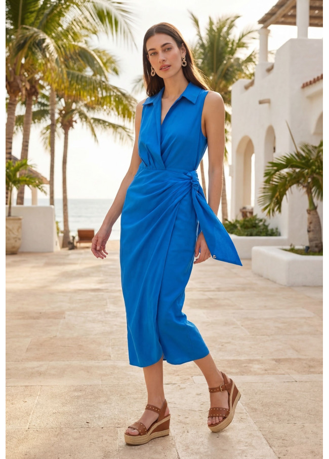 Robe en lin avec col chemise et nœud latéral