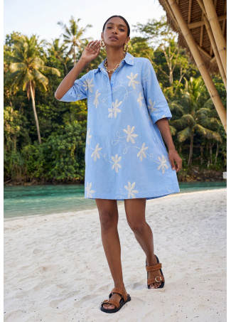 Cotton Shirt Dress with Embroidered Flowers