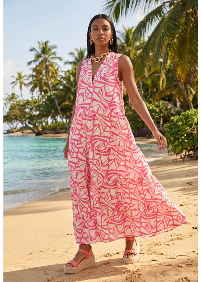 Robe Volumineuse à Imprimé Feuille Col en V