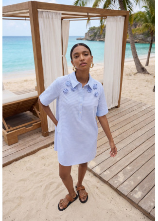 Robe courte en popeline rayée à fleurs brodées