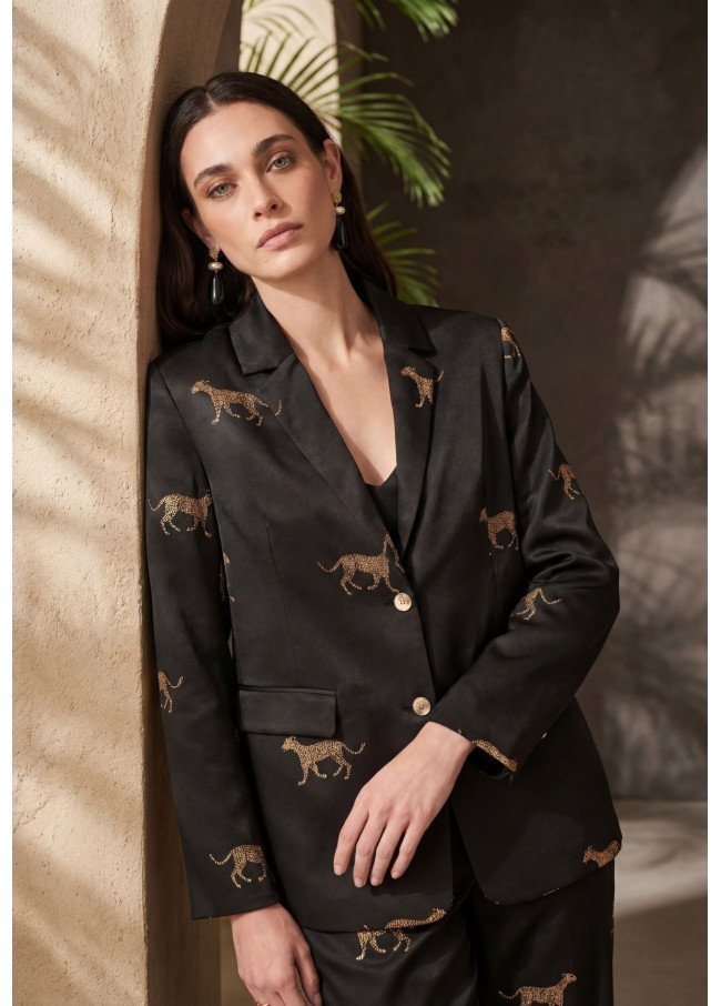 Satin Straight Blazer with Leopard Print