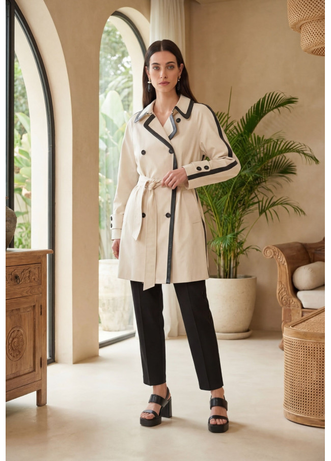 Trenchcoat mit Kontrast in Kunstleder und...
