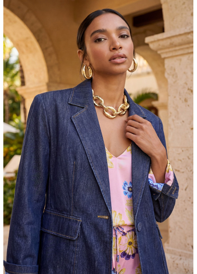 Blazer in Denim Attillato con Tasche a Toppa